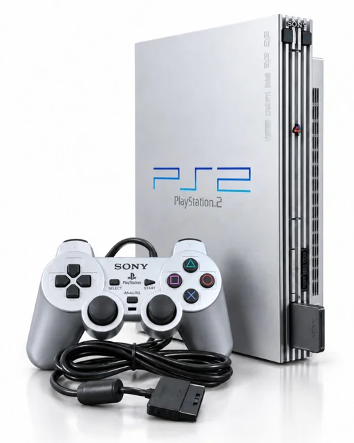 کنسول بازی Ps2 کاستوم طرح خاص نقره ای به همراه کارتن همراه فلش 64 گیگ و اجرای بازی های ps1 و sega